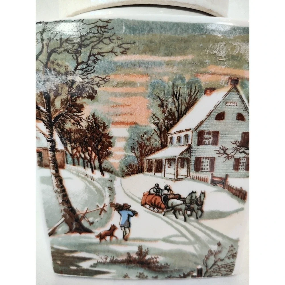 Vintage Ceramic Winter Snow Scene Tea Sugar Coffee Caddy Canister Cork Lined Lid